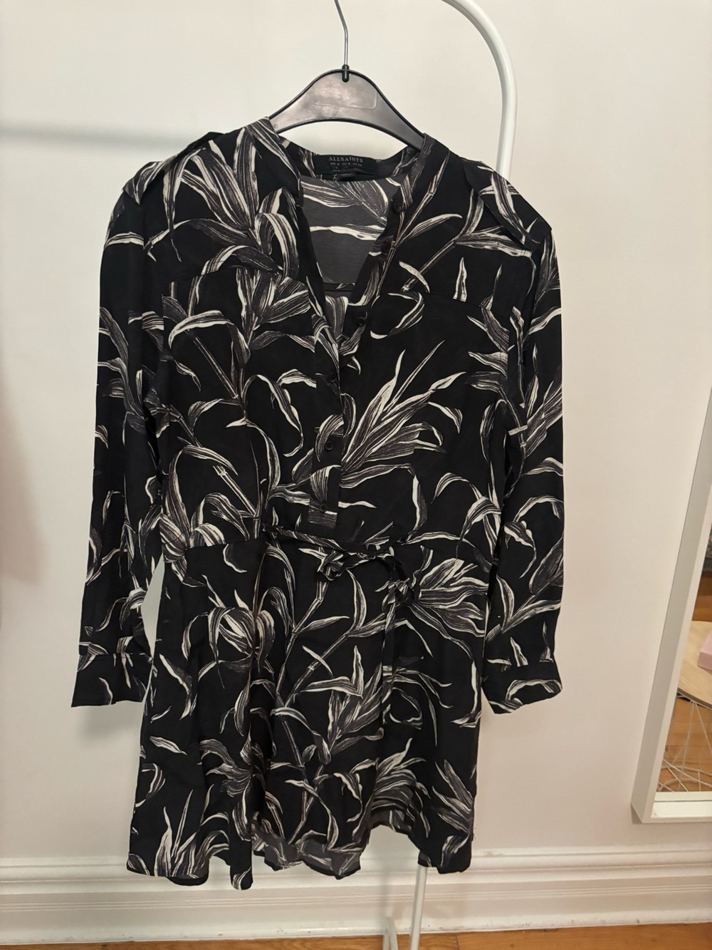 AllSaints Black Floral Tie-Waist Long Sleeve Dress